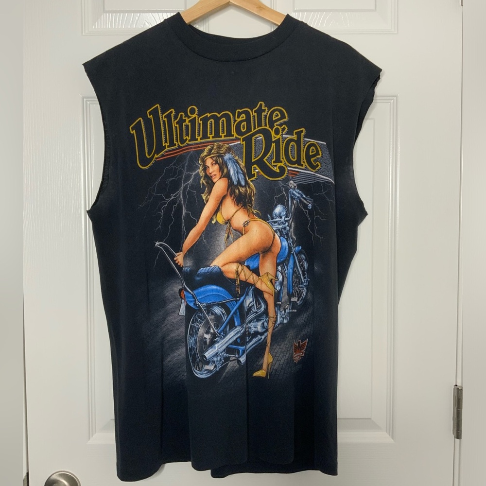 Vintage 90s ULTIMATE RIDE Biker Babe Motorcycle Girl Cut Off Tank Size Large